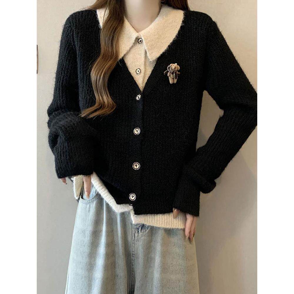 JOYIASS学院风假两件针织开衫女秋冬高级感毛衣外套2025新款减龄