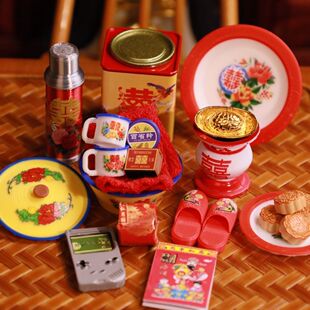 微缩食玩迷你玩具妈妈的家中式怀旧仿真搪瓷盆带盖面碗火柴盒模型