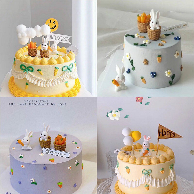 인터넷 연예인 한국 케이크 장식 토끼 장식품 미니 당근 바구니 목가적 인 스타일 생일 귀여운 토끼 플러그인