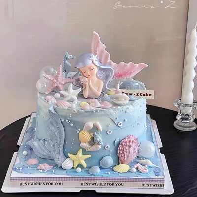 梦幻海洋公主女孩生日蛋糕装饰闭眼美人鱼贝壳鱼尾烘焙装扮摆件
