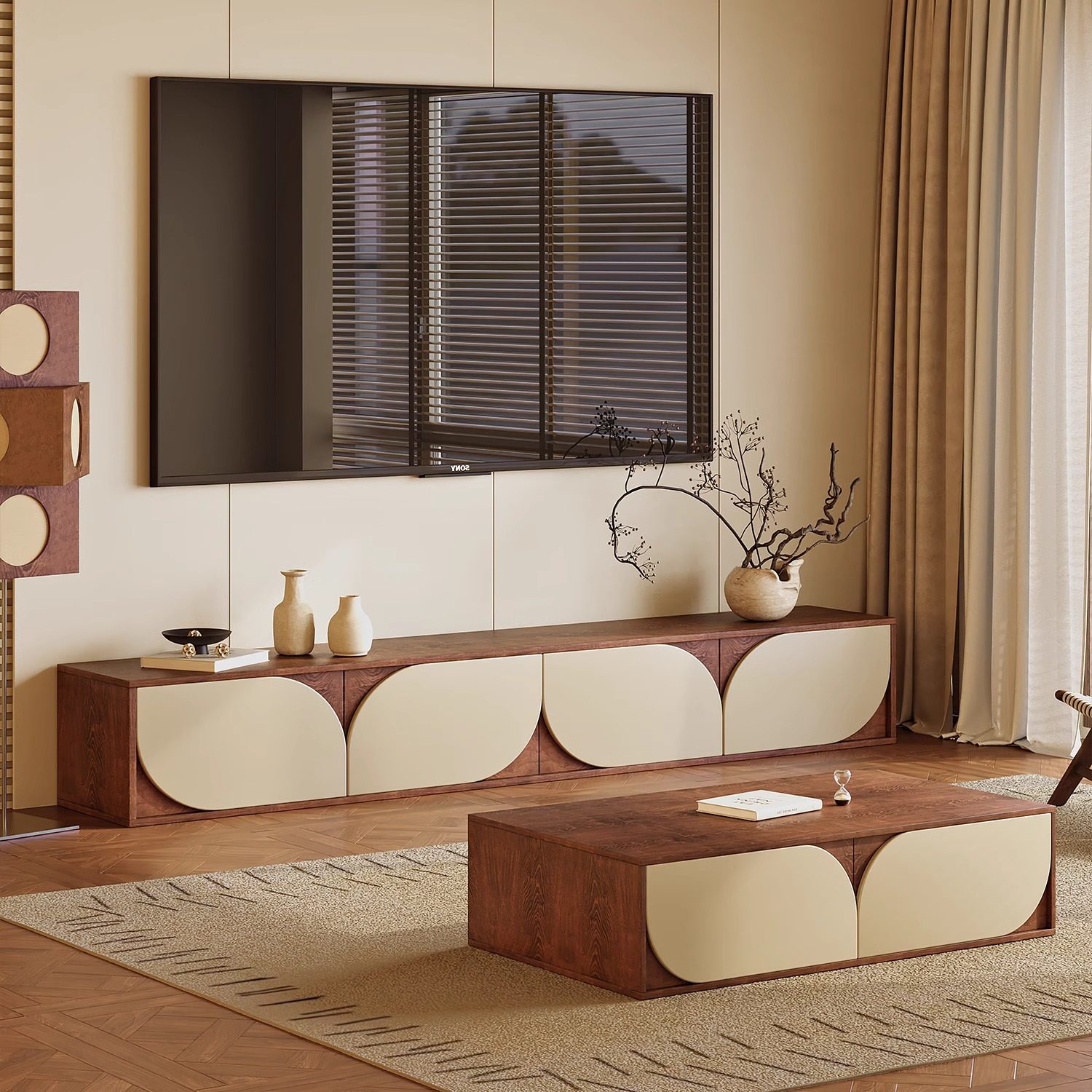 中古风落地电视柜客厅家用小户型电视机柜茶几组合靠墙储物收纳柜