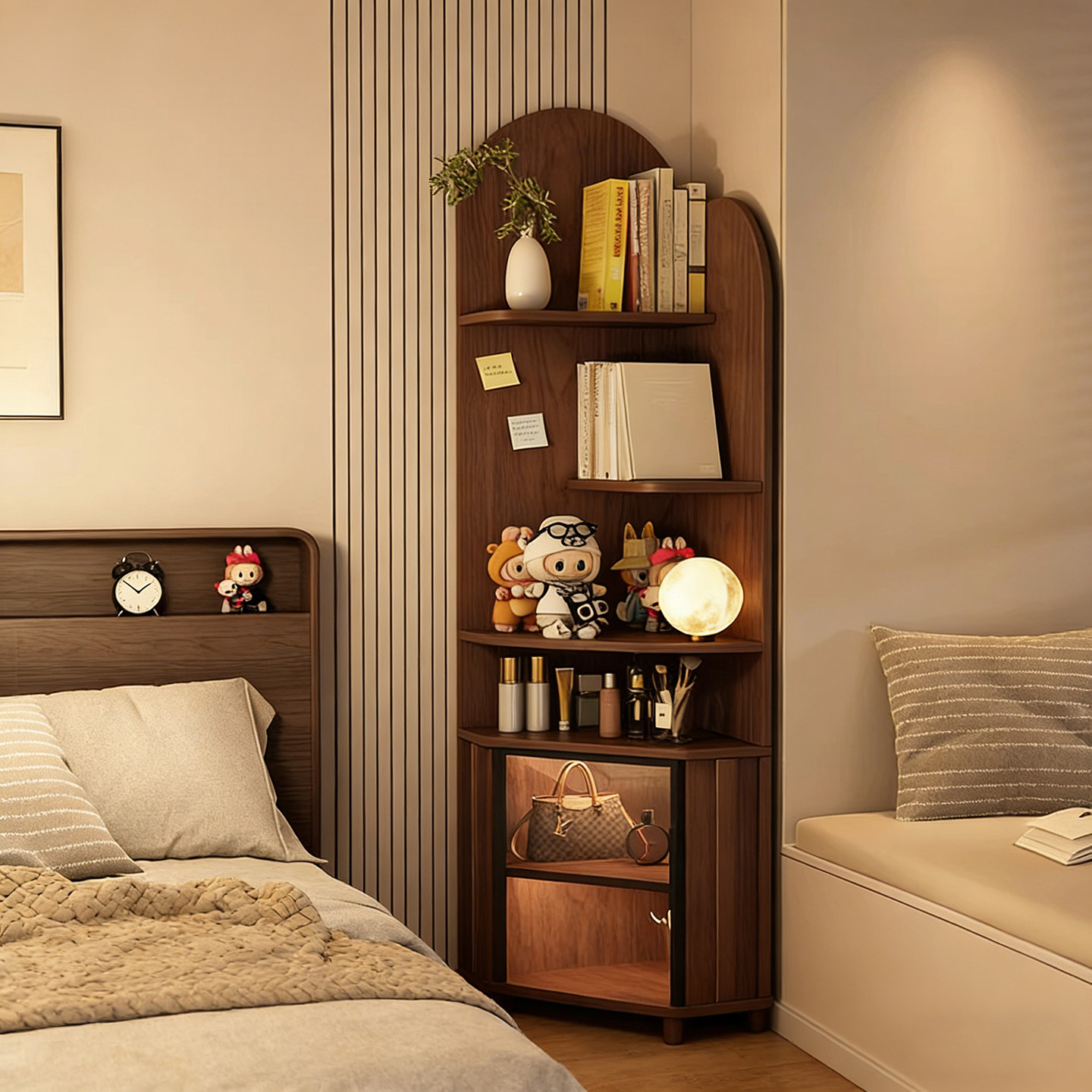 复古角柜一体靠墙转角置物架玻璃门感应灯落地扇形书架墙角三角柜