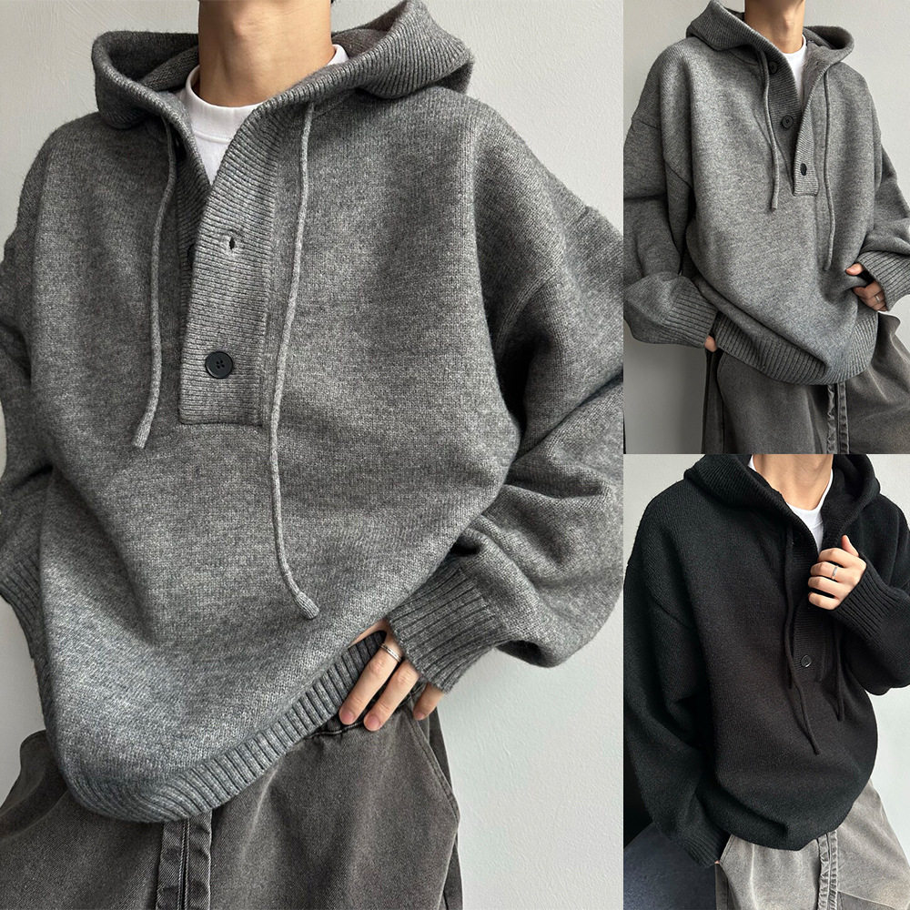 连帽毛衣男cleanfit针织衫秋冬宽松慵懒风半开纽扣潮外贸跨境批发
