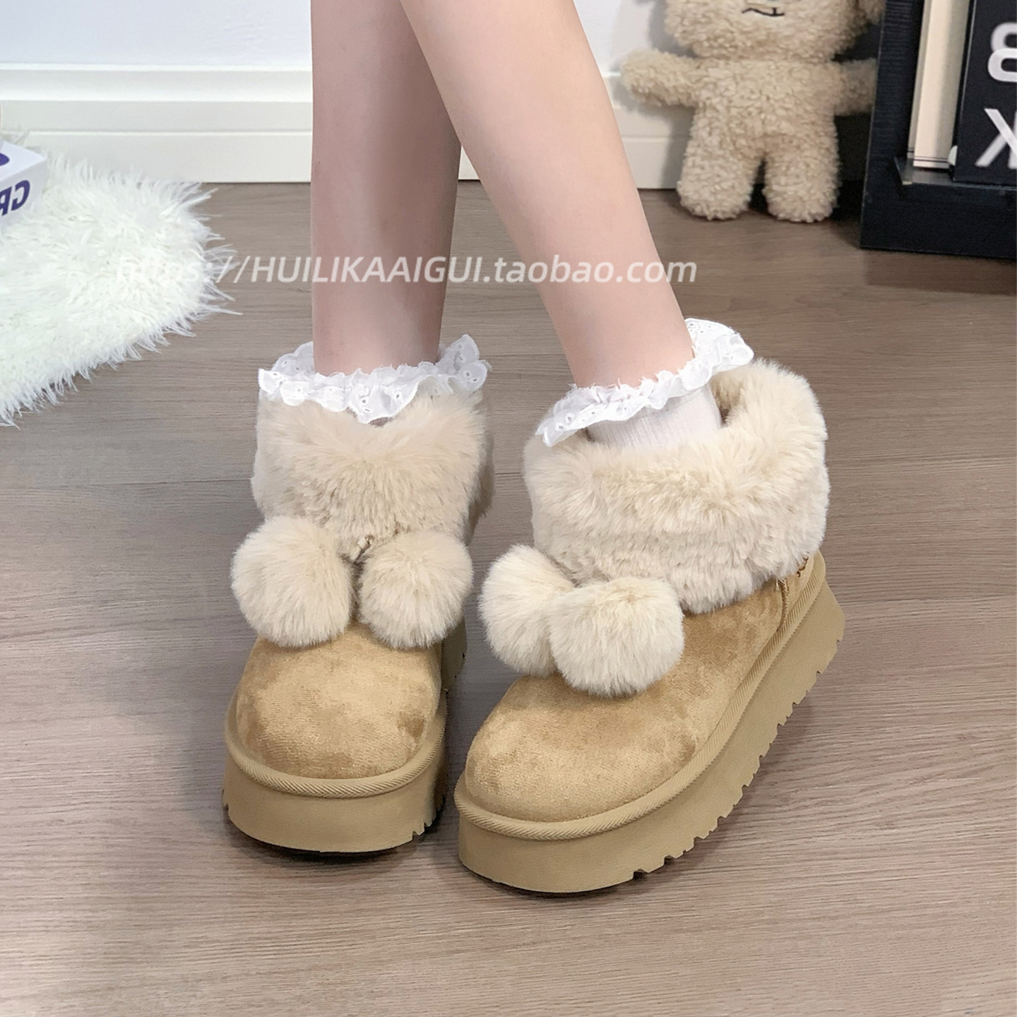 回力驼色毛球雪地靴女冬季新款