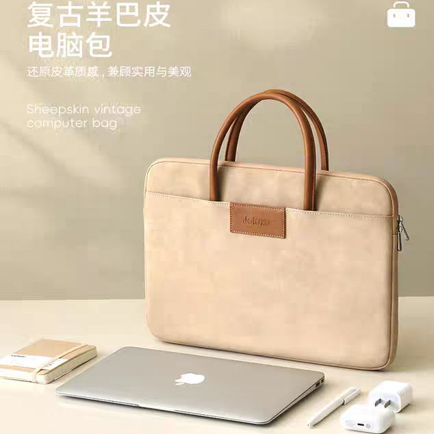 复古羊巴皮手提电脑包14英寸商务高档笔记本收纳包苹果mac13.3英寸通用公文包华为荣耀16.1英寸联想pro15防水