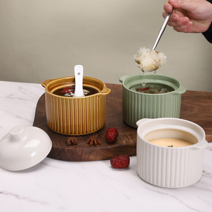 双耳炖盅隔水炖家用陶瓷带盖汤盅蒸碗蒸蛋盅竖纹瓦罐餐具燕窝炖盅