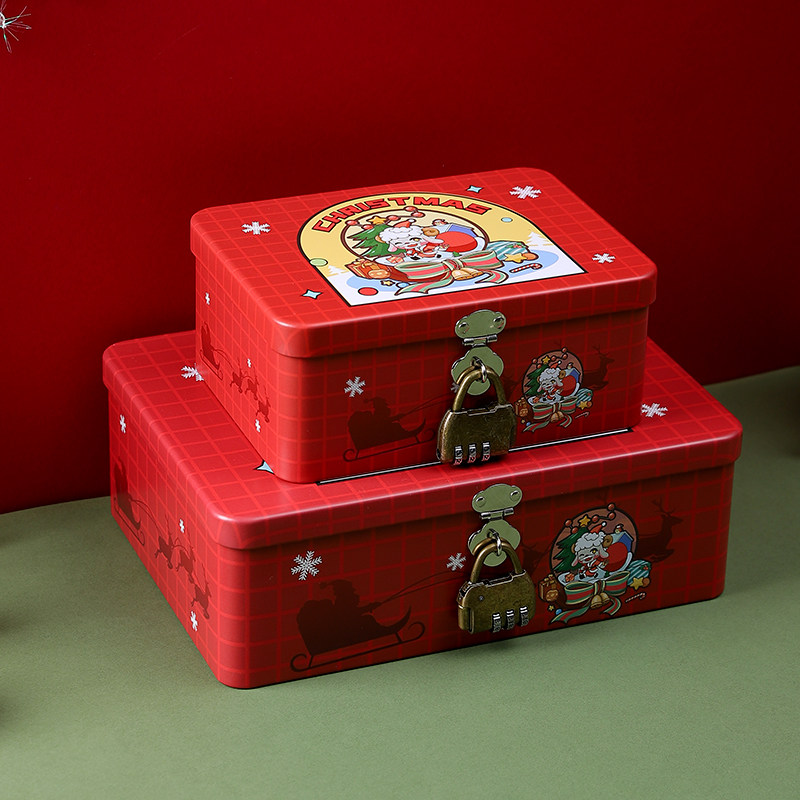 圣诞节卡通红色斑纹羊马口铁盒子心愿卡收纳盒带锁儿童收藏百宝箱