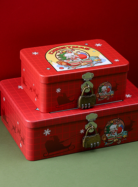 圣诞节卡通红色斑纹羊马口铁盒子心愿卡收纳盒带锁儿童收藏百宝箱