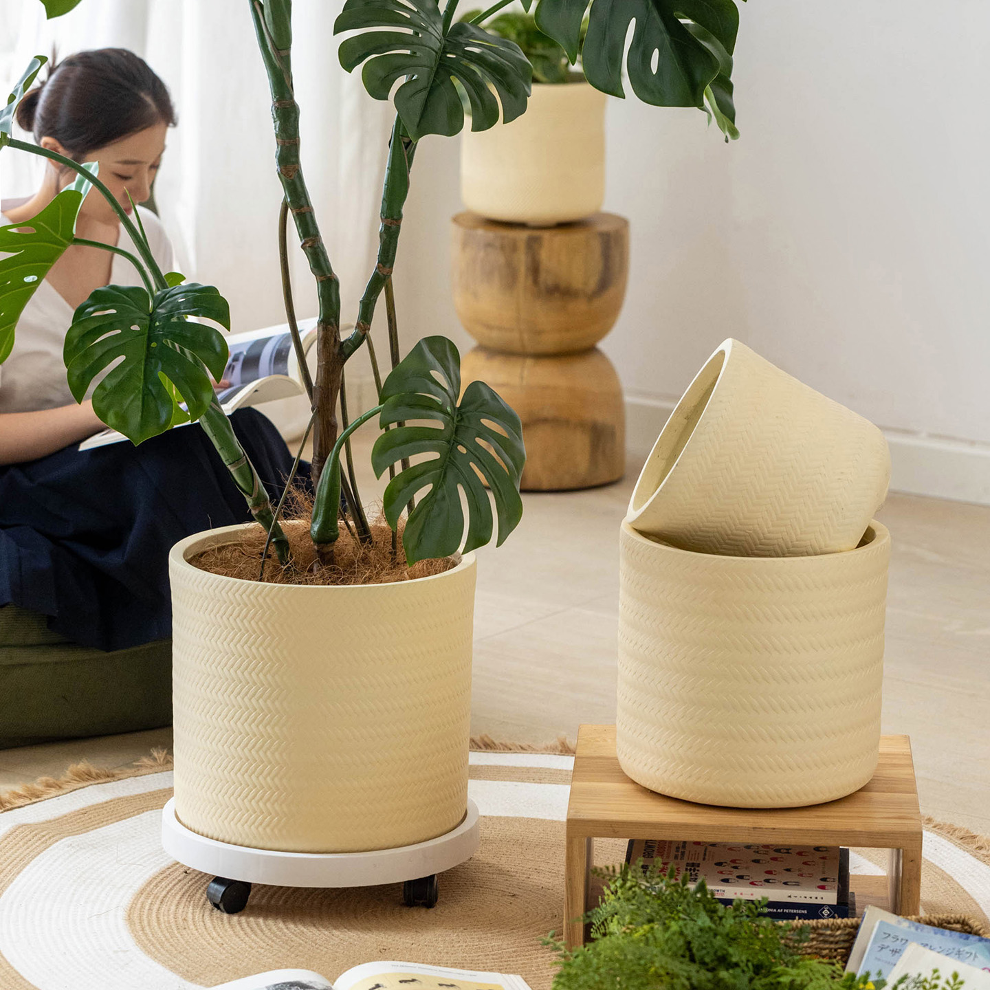 北欧镁泥仿陶瓷花盆奶油风落地