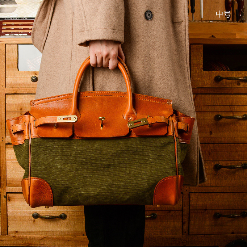 36cm真皮复古手提斜跨单肩包手工植鞣牛皮拼色帆布通勤30cm铂金包