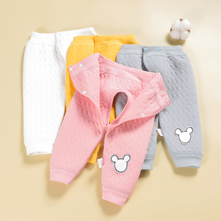 男女宝宝可调节纯棉裤 简约纯色开档束脚裤 冬季 婴儿夹棉保暖按扣裤