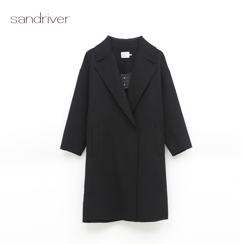 sandriver沙涓羊绒手工装饰线外翻领休闲大衣宽松气质干练日常