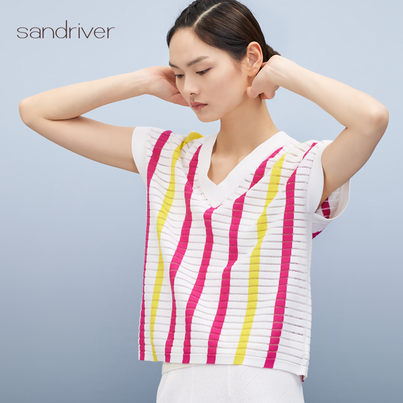 sandriver竖条撞色短袖T恤