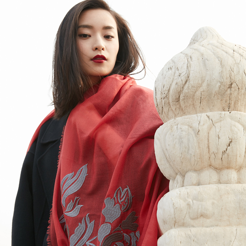 沙涓sandriver原创春秋高端双面100%纯羊绒围巾女士复古刺绣围脖