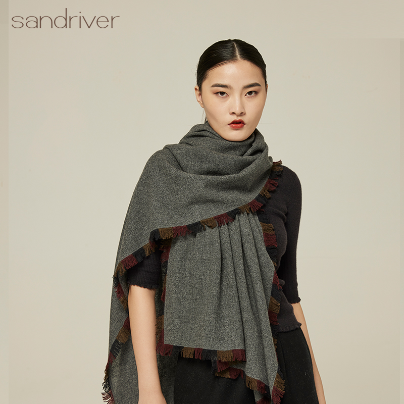 沙涓sandriver羊绒女士素色拼接流苏围巾春秋时尚舒适时髦披肩