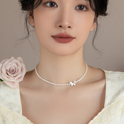 S925银天然珍珠女叠带项链项链