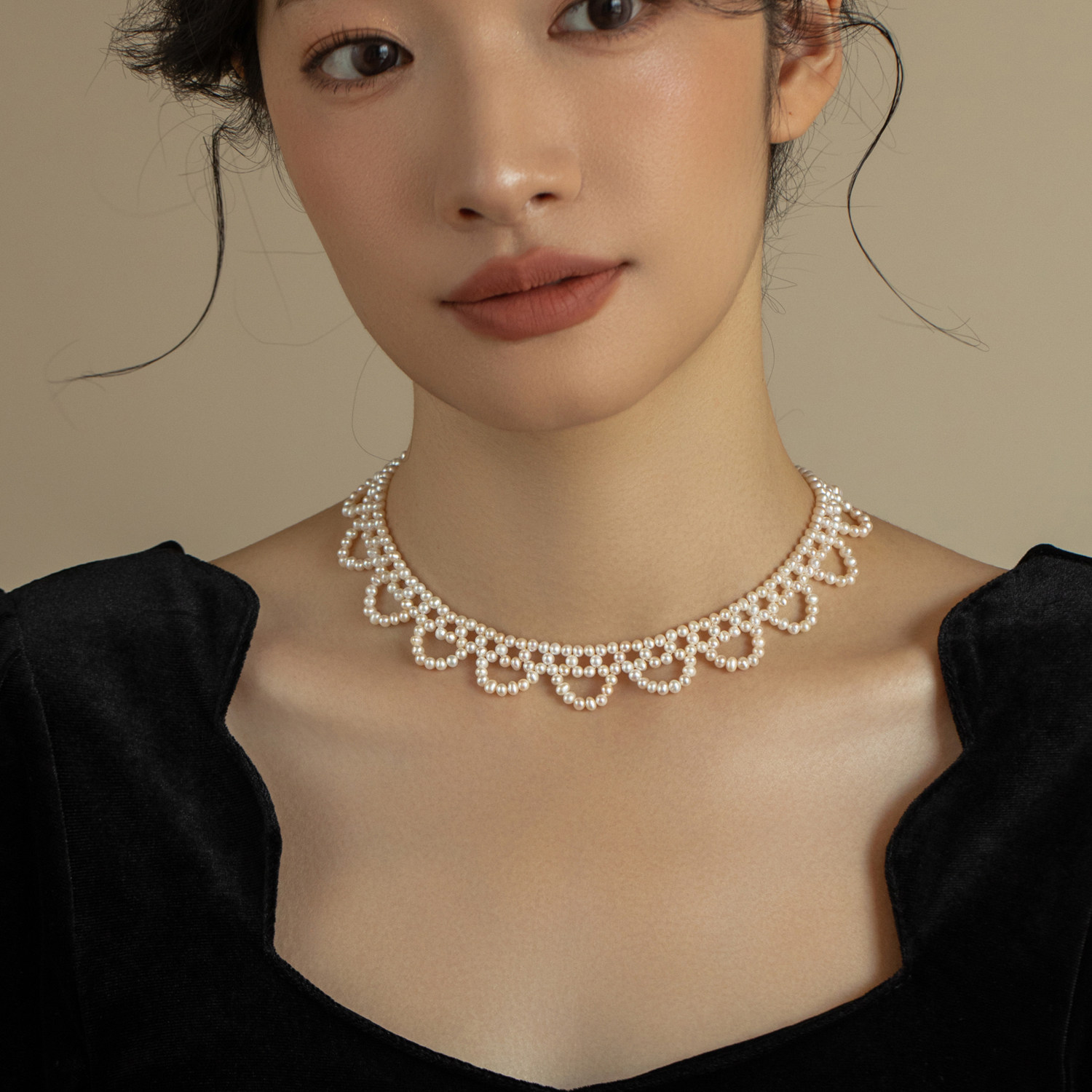 天然珍珠锁骨链项链女花式手工编织多层蕾丝颈链复古遮疤痕毛衣链