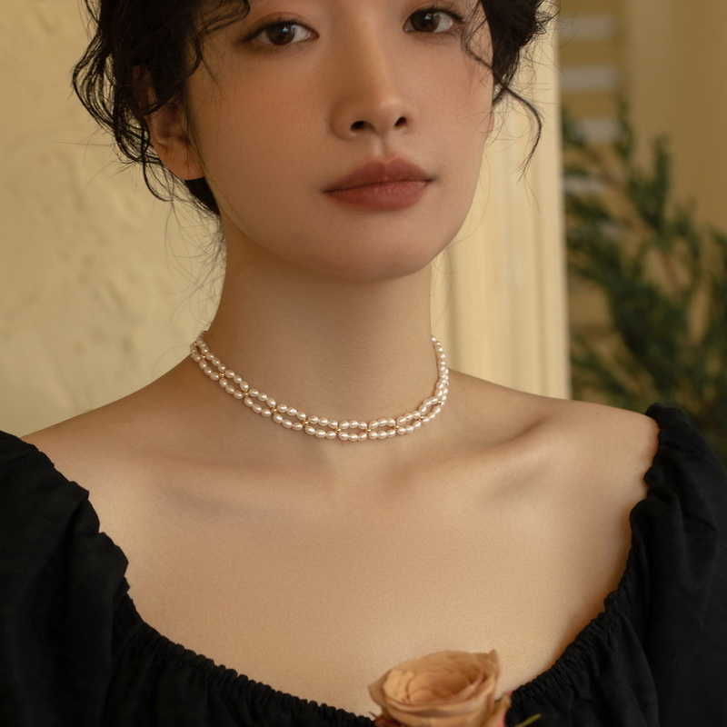 珍珠925银锁骨链女复古项链编织