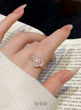 复古轻奢天然粉贝母四叶草戒指