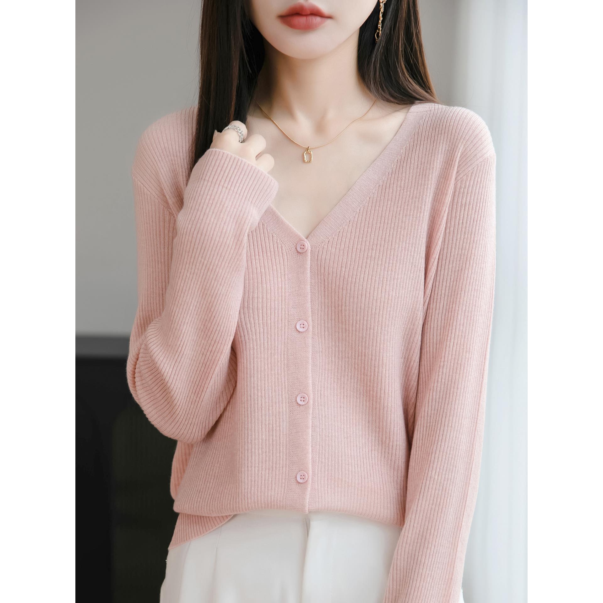 JOYIASS精纺纯色V领针织开衫女简约百搭外套外搭柔软舒适弹力上衣