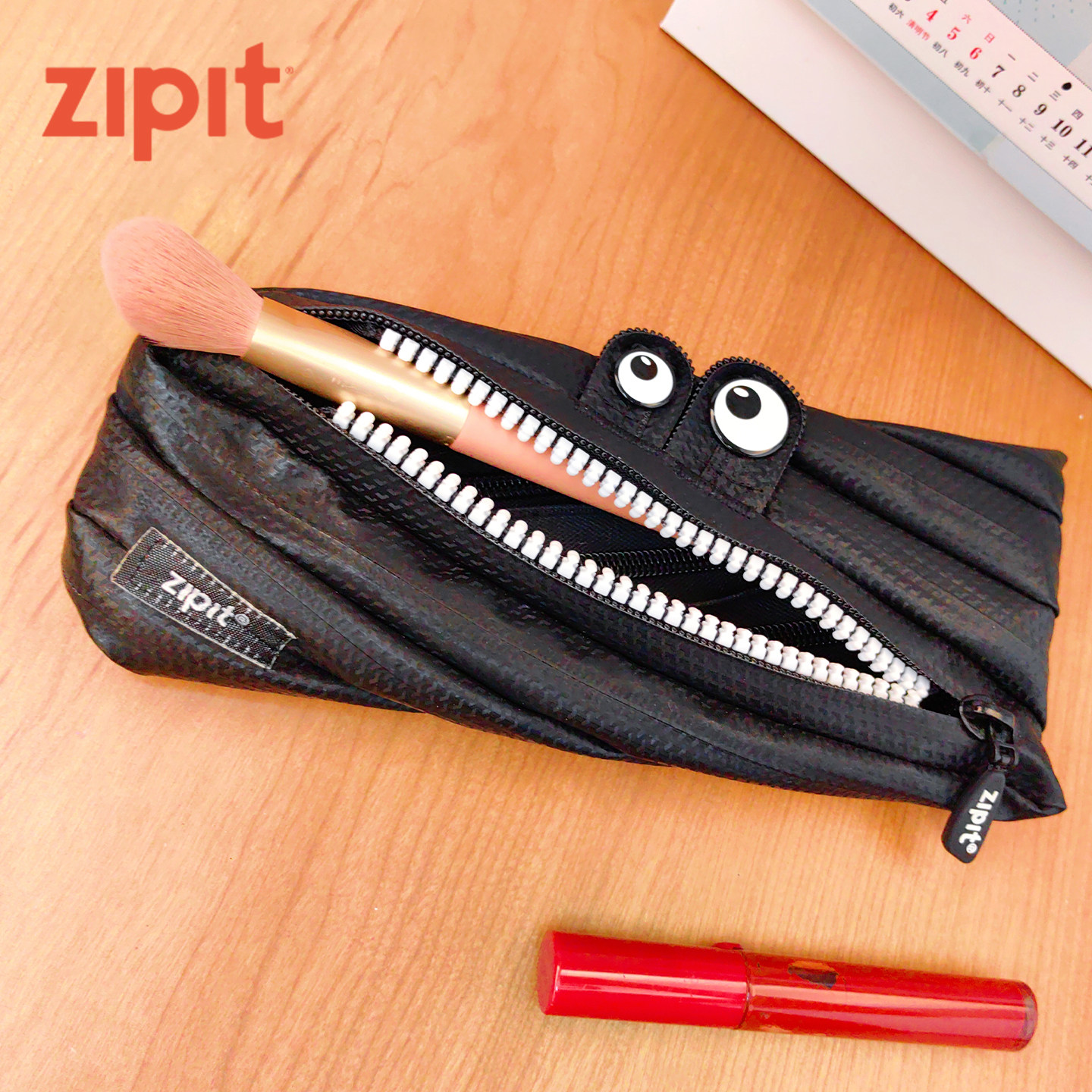 ZIPIT可爱小怪兽拉链笔袋PU皮黑色大眼睛学生文具收纳袋创意萌系质感系列