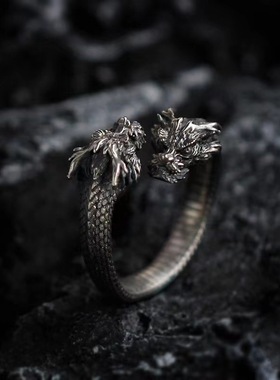 FuGui 复古做旧原创设计双头龙生肖戒指男士高级感国风潮可调指环