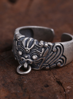 国潮黑金神兽狍鸮瑞兽上古神兽龙生九子开口戒指戒指麒麟面具指环