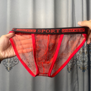 新款男士三角内裤透明网纱花纹性感内裤低腰高叉运动透气三角裤男