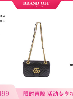 中古Gucci古驰女包B级9新Marmont马蒙包牛皮斜挎包黑色 HK正品