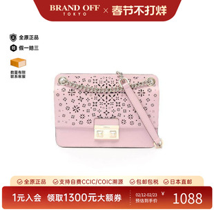 中古Furla芙拉女包A级95新shoulder bag斜挎包牛皮单肩包粉色正品