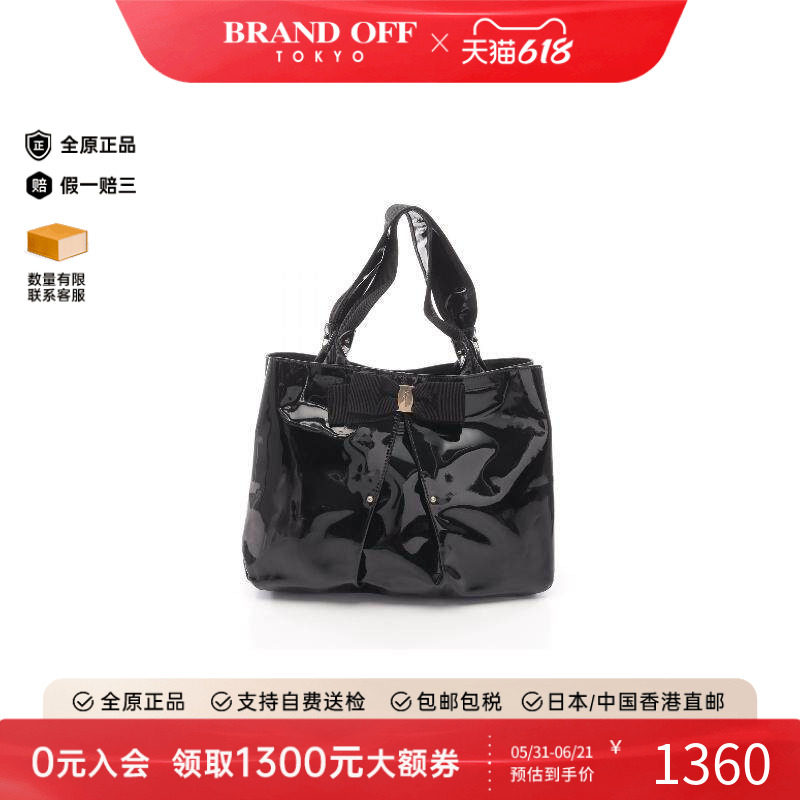 中古Ferragamo菲拉格慕女包B级9新ribbon丝带漆皮托特包黑色正品