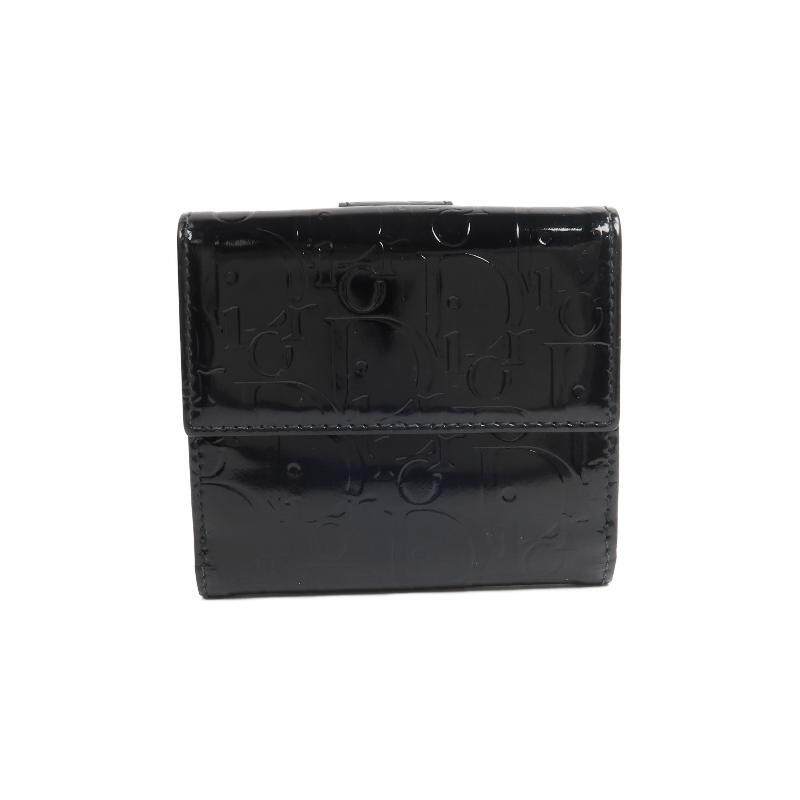 中古Dior迪奥女A级95新bi-fold双折漆皮短钱包黑色
