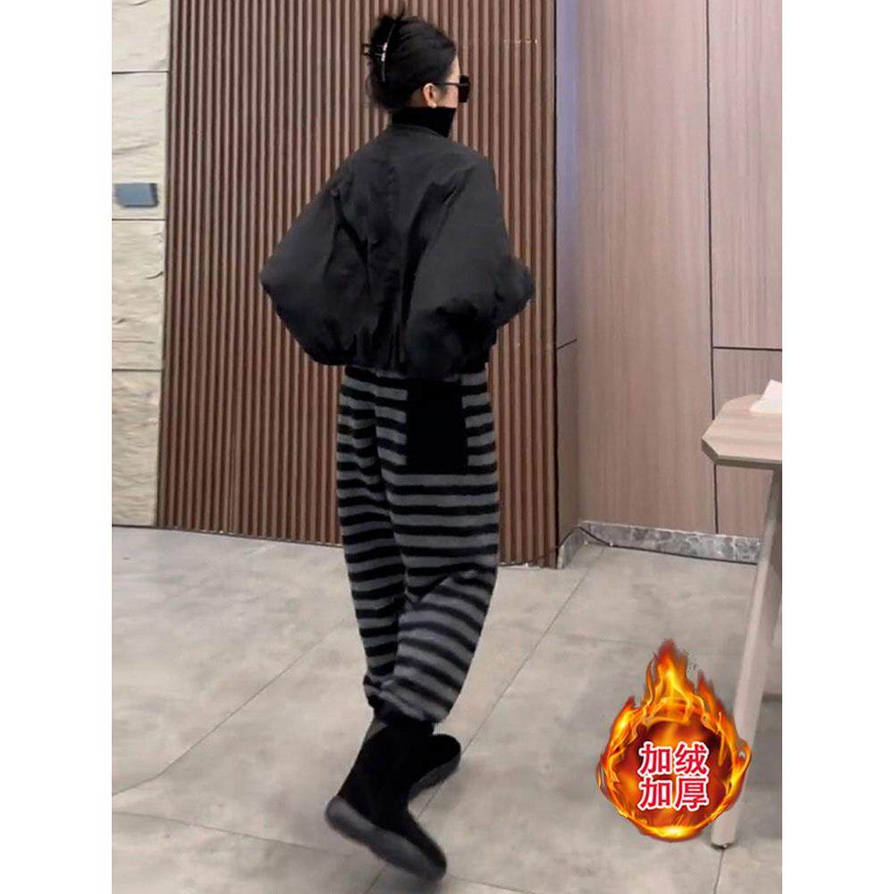 JOYIASS女裤新款2025爆款时尚气质慵懒风条纹休闲裤秋冬款加绒加