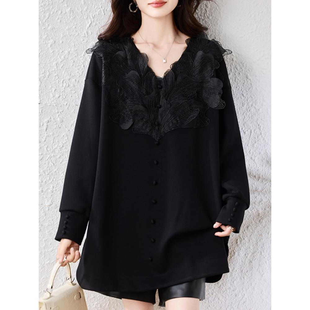 JOYIASS气质扎花V领卫衣女2025年早秋新款宽松上衣欧货大码女装