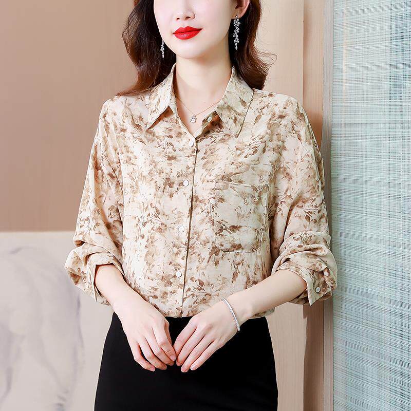 BLLOUKE中年妈妈印花雪纺衬衫女士春秋季2024新款秋装长袖衬衣女