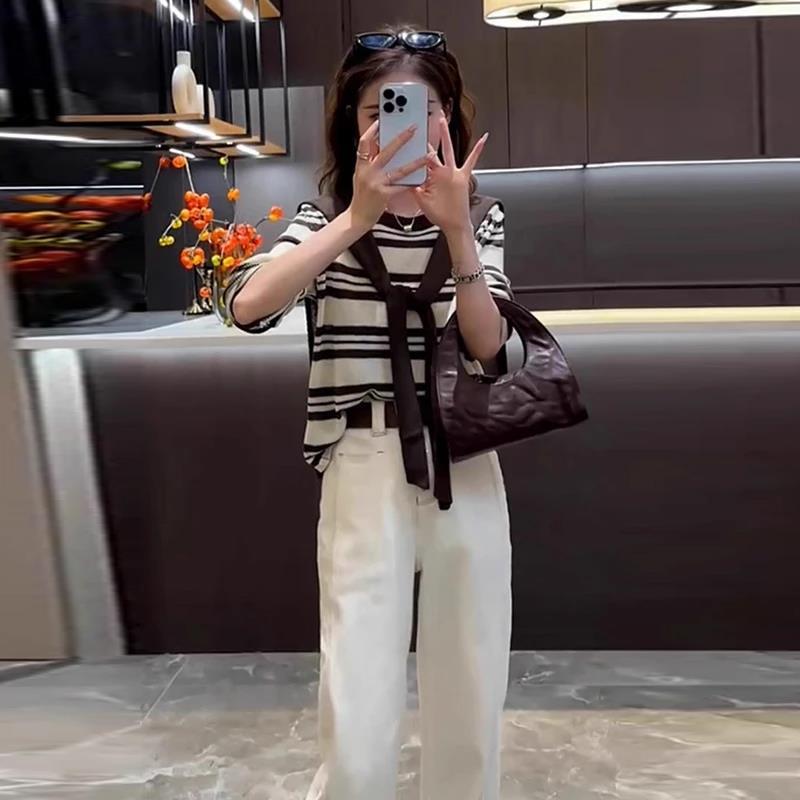 JOYIASS秋日巨好看的两件套2025女士胖MM条纹披肩针织衫高腰显瘦