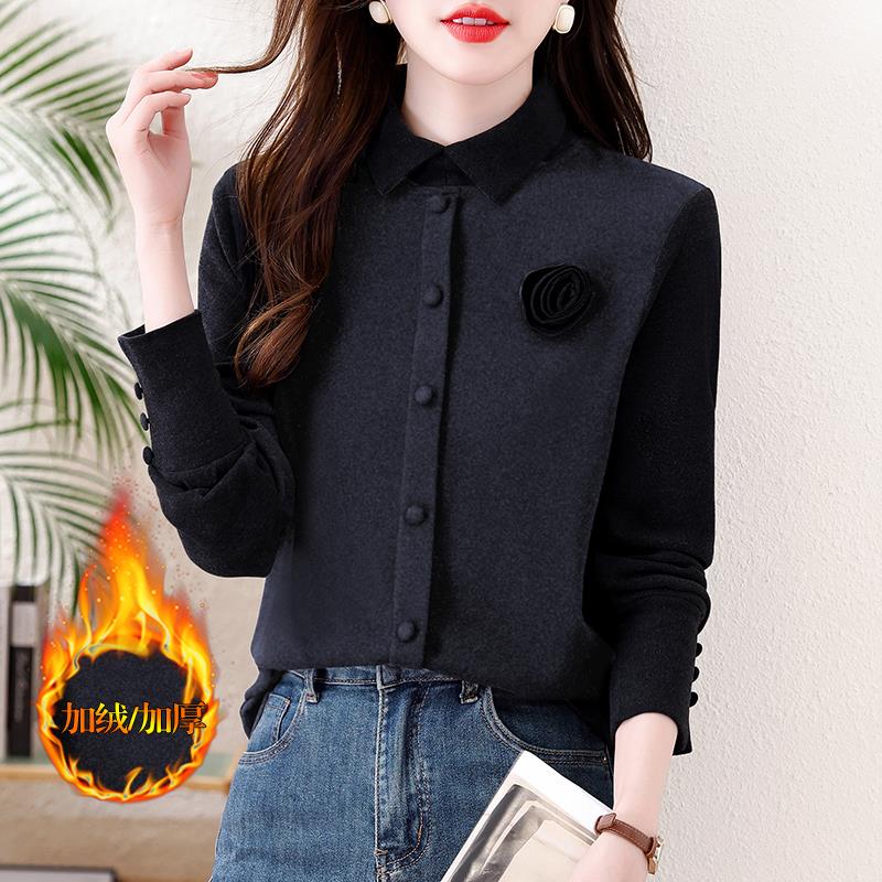 JOYIASS秋冬新款双面绒翻领立体玫瑰红衬衫气质百搭显瘦长袖上衣