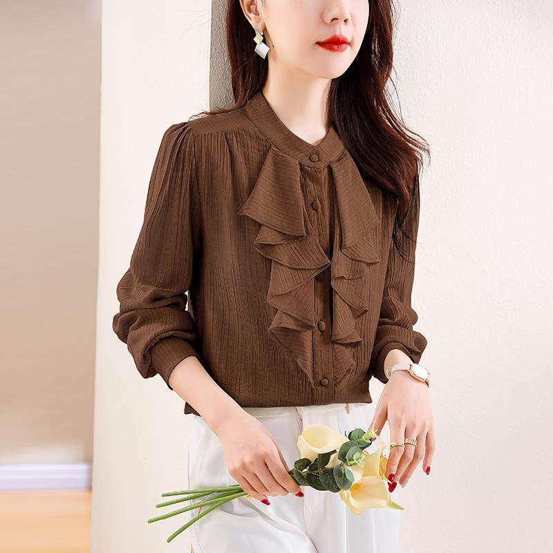 BLLOUKE妈妈绿色麻荷叶边长袖衬衫女士春秋2025新款春装洋气衬衣