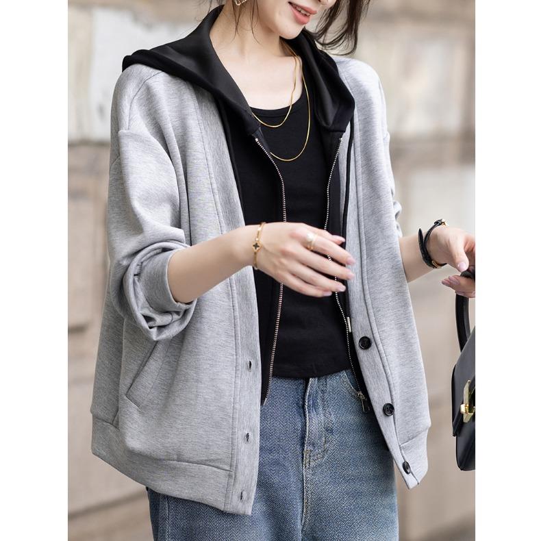 JOYIASS灰色假两件设计感连帽卫衣外套女2025秋装小个子宽松上衣