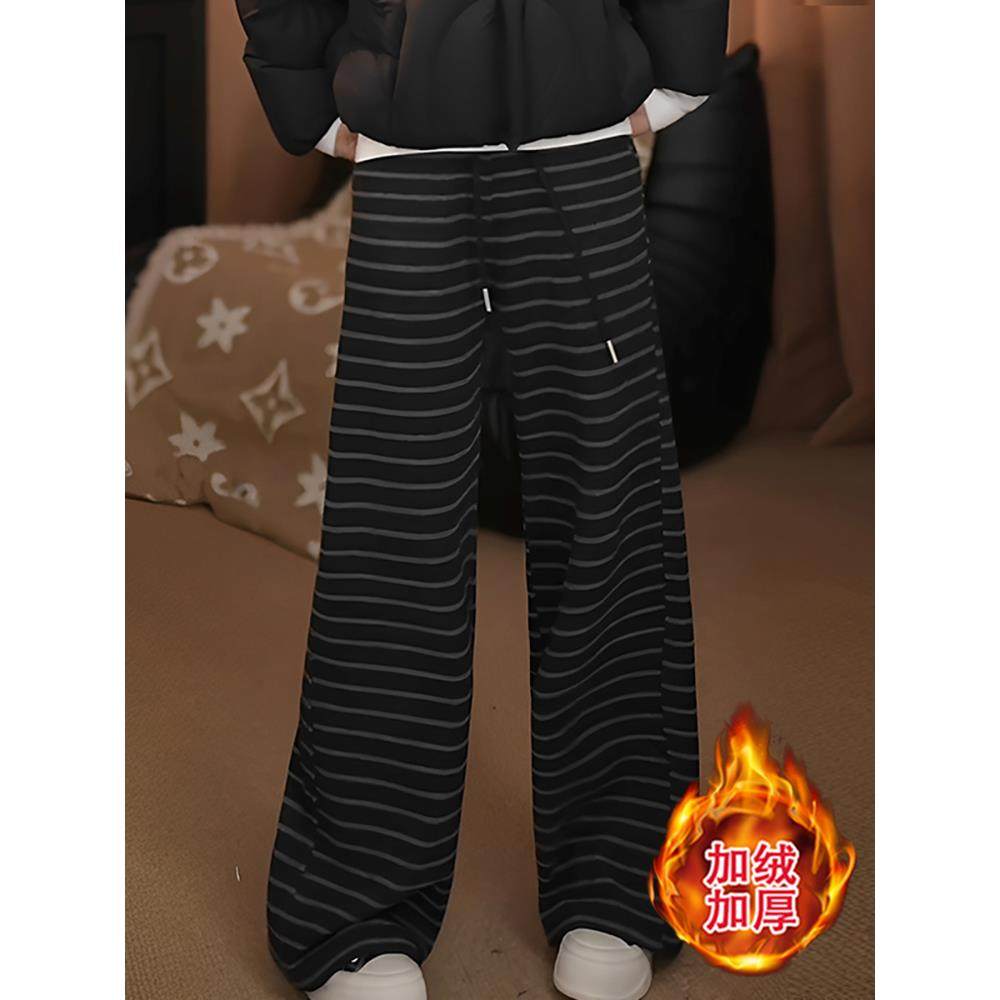 JOYIASS阔腿裤女2025秋冬季新款爆款韩系小个子条纹加绒加厚抽绳