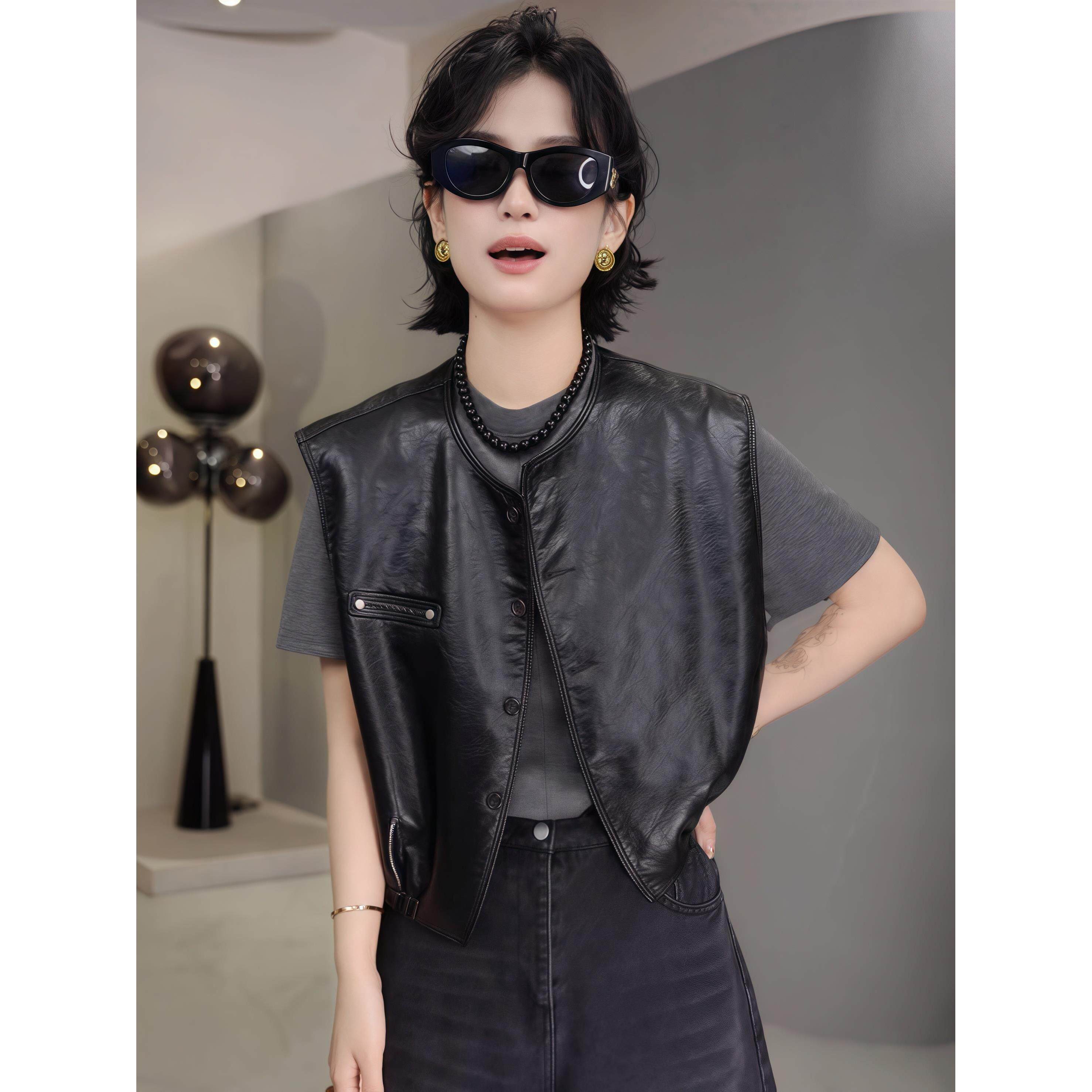 JOYIASS女式背心2025新春时尚覆古Pu皮革马甲背心小休闲无袖夹克