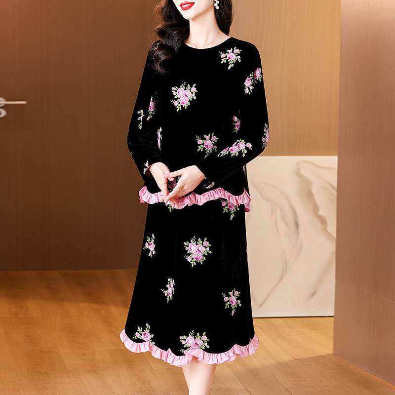 BLLOUKE妈妈时尚碎花丝绒套装裙子女春秋季2024新款秋装穿搭一整