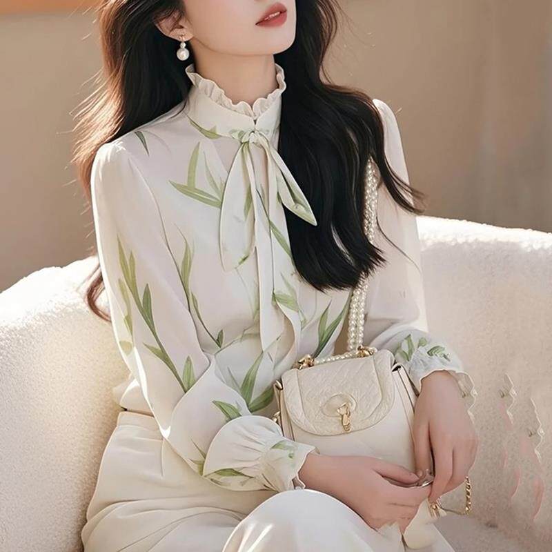 BLLOUKE妈妈立领印花长袖衬衫女士春秋2025新款早春装衬衣女时尚