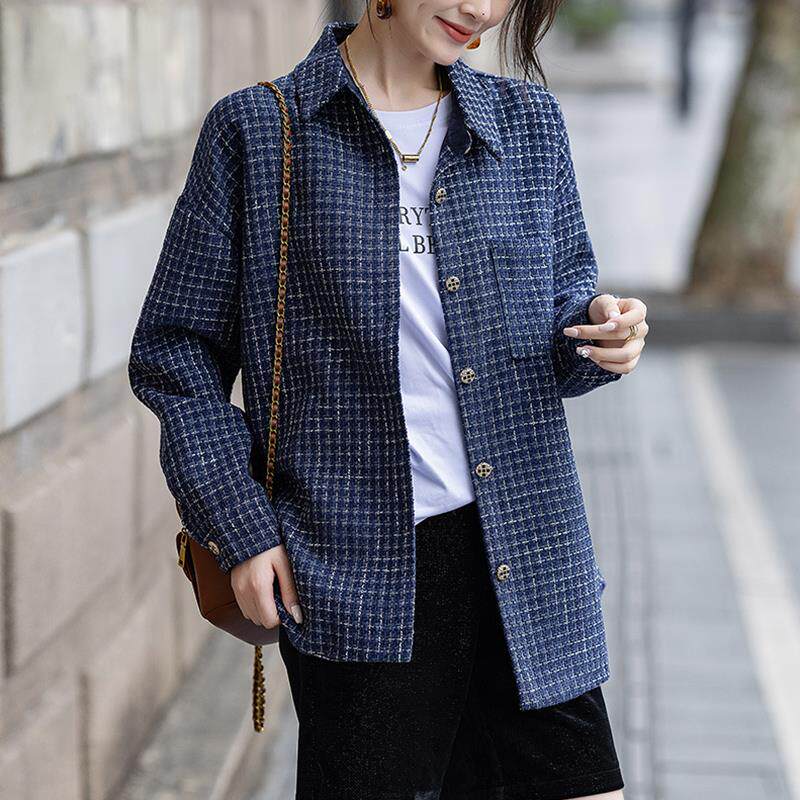 BLLOUKE花式编织牛仔衬衫小香风外套女春秋2024新款翻领女士妈妈