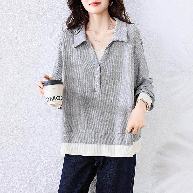 JOYIASS大码女装假两件针织衫灰色秋装2025新款胖mm打底内搭上衣