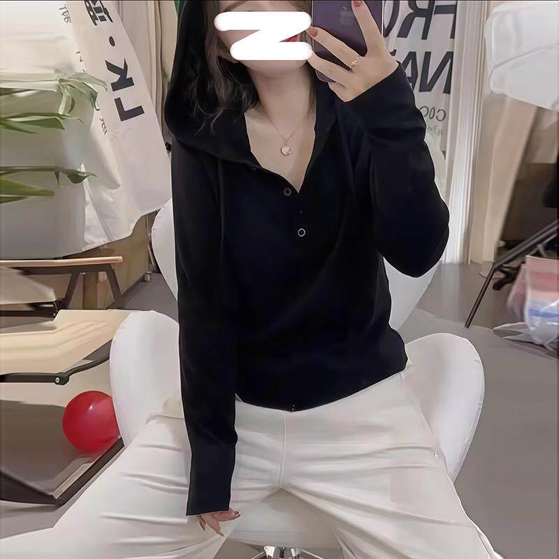 JOYIASS韩版紫色减龄设计感连帽长袖t恤春秋新款女装宽松休闲打底