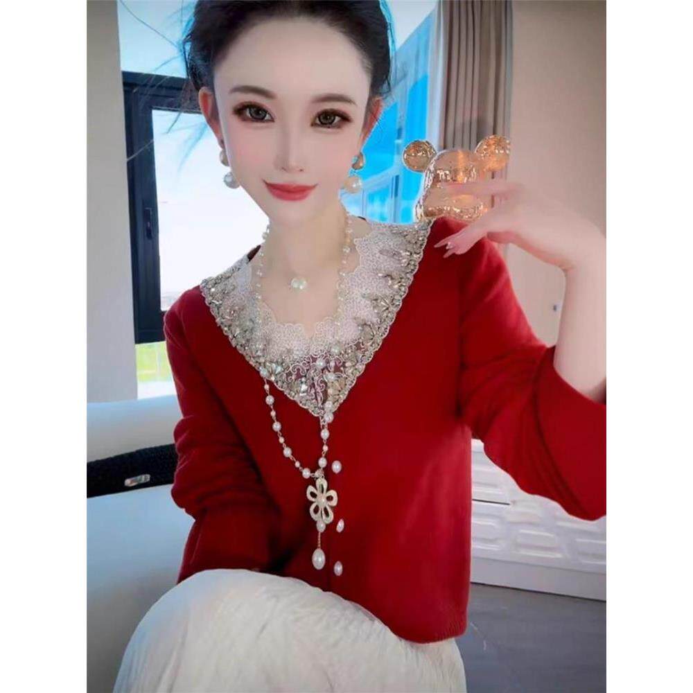 JOYIASS绝美巨好看上衣早秋2025女士新款欧货重工V领蕾丝镂空显瘦
