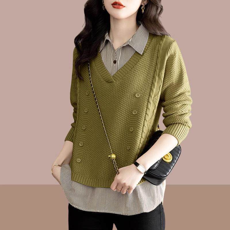 JOYIASS假两件马甲拼接条纹正肩长袖衬衫女早秋显瘦遮肚子欧货pol
