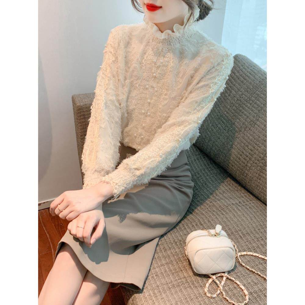 JOYIASS加绒加厚蕾丝衬衫上衣女士秋冬巨好看的独特漂亮半高领内