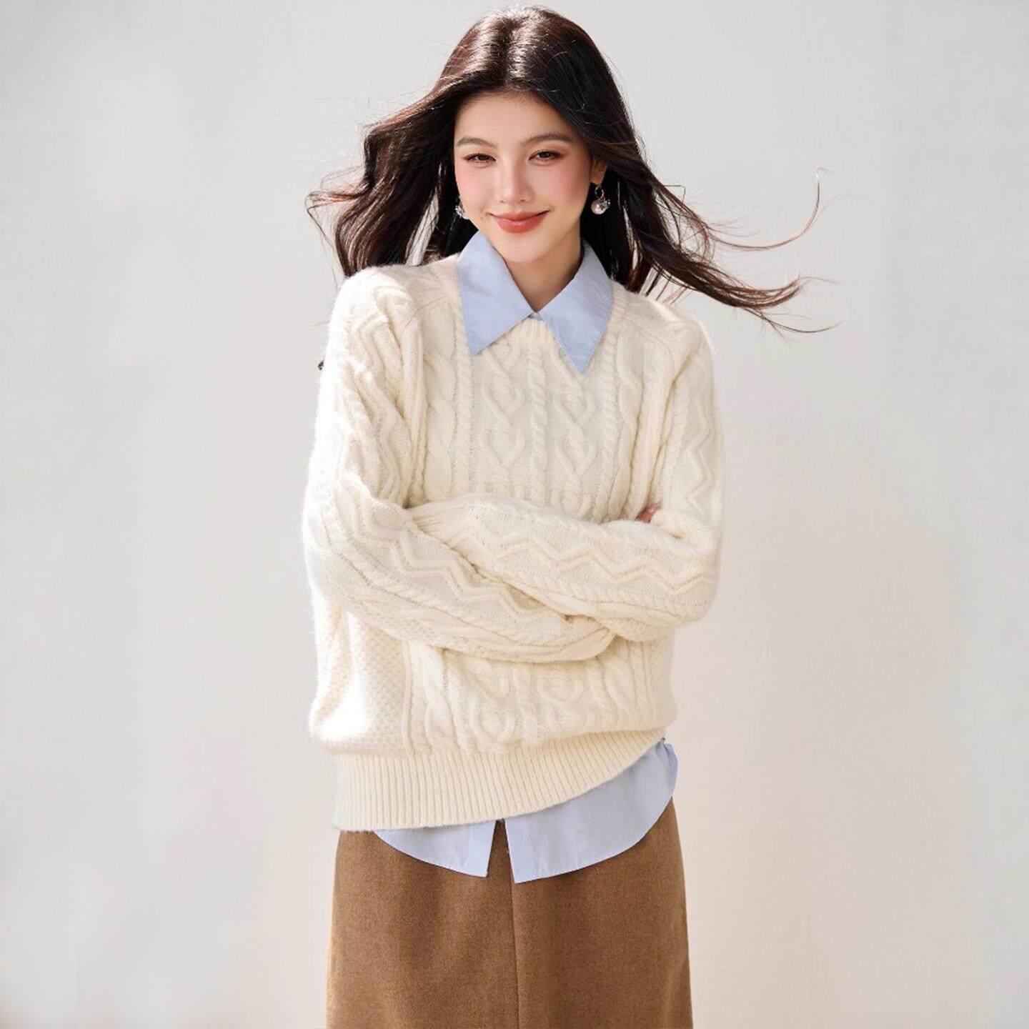 JOYIASS高级感慵懒宽松加厚毛衣女士秋冬巨好看的独特漂亮假两件